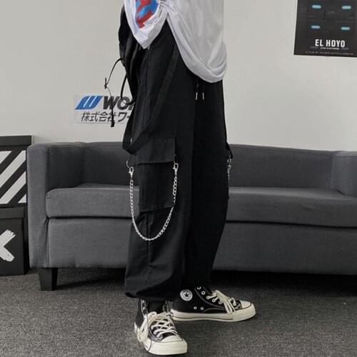 QWEEK Korean Style Cargo Pants Women Harajuku Streetwear Capri Pants Hippie Oversized Pockets Chain Loose Trousers 2021 Fashion