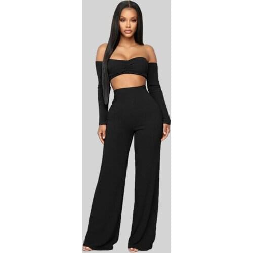 Womens Tracksuit Solid Off The Shoulder Long Sleeve Crop Top and Loose Wide Leg Long Trouser Autumn Winter Two Piece Outfits