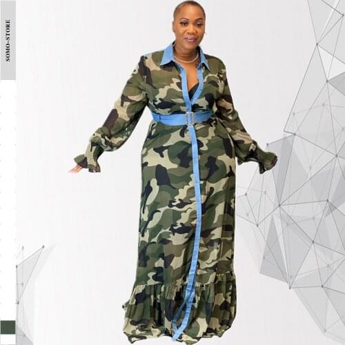 Sexy Women Maxi Dresses Large Size 3xl Camouflage Flare Sleeve Turn Down Collar Autumn Loose Shirt Dress Wholesale Dropshipping