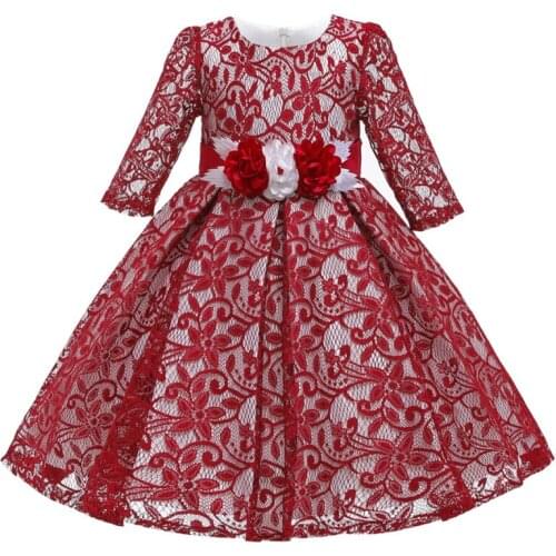 2021 girls princess dress / childrens openwork lace dress / spring and autumn seven-point sleeve baby party kids clothes