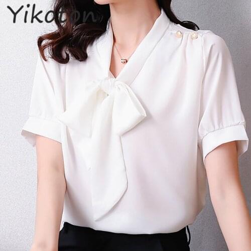 2021 Summer Women Blouse Shirt Fashion Short Sleeve With Bow Casual Office Lady White Shirts Tops Japan Korean Style Plus Size