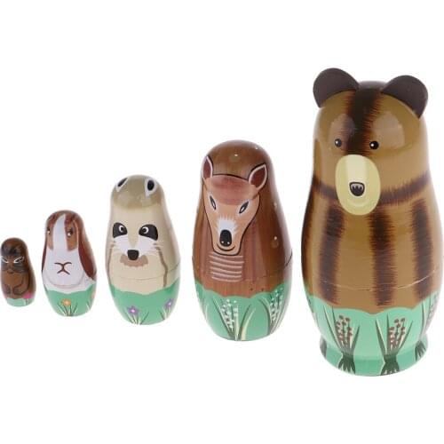 Wooden Russian Nesting Dolls Cartoon Animals Dolls Xmas Birthday Gifts 5Pcs