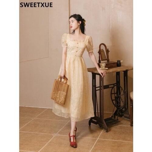 SWEETXUE Summer French Elegant Vintage Square Neck Gentle Romantic Super Fairy Long Party Dresses Princess Elegant Fashion Lady