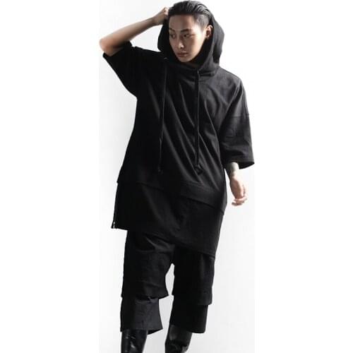 Summer casual mens T-shirt versatile loose stitching side zipper Hoodie short sleeve T-shirt personality large size top