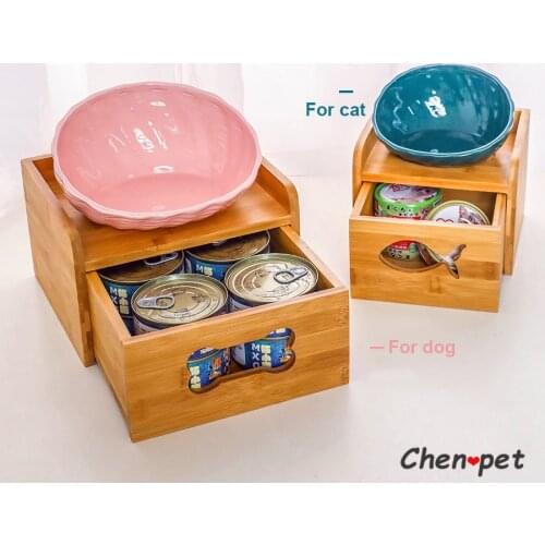 New Design Pet Ceramic Bowl with Bamboo Wooden Drawer Dog and Cat Food Bowl Water Supplies Shell Shape Small Dog Feeder