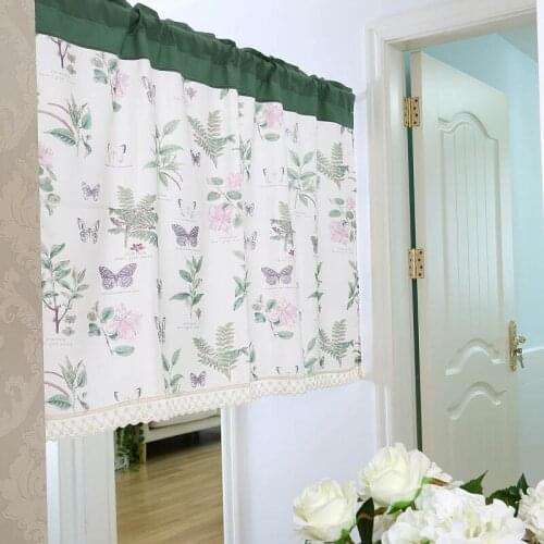 DUNXDECO Short Curtain For Kitchen Half Cortinas Country Style Green Plants Flora Butterfly Polyester Cotton Rideau Home Decor