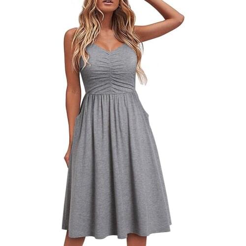 Summer Women Solid Color Dress Low Neck Pleated Middle Length Ladies Sleeveless Shirring Dress for Dating Casual Beach Dresses