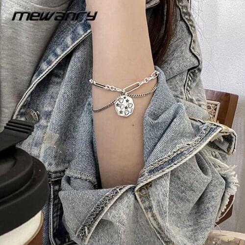 MEWANRY 925 Sterling Silver Bracelets 2021 Trendy Vintage Creative Double Layer Chain Round Card Pendant Party Jewelry Wholesale