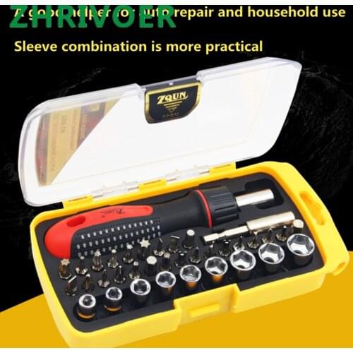 Multifunctional 36 in one sleeve combination set auto repair household tool three-way rotary ratchet folding rod screwdriver
