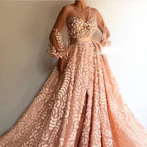 Fashion 2019 Light Pink Floral Dress High Quality Embroidery Applique Mesh Long Dress Elegant Celebrity Party Dresses Vestidos
