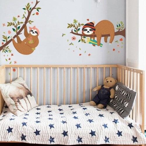 Cartoon Animal Sloth Wall Stickers Art Tree for Kids Room Decoration Living Room Bedroom Decor Aesthetic Headboard Wallstickers