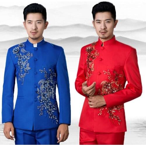 Male Singers Chinese Host Costume Adult Tunic Suit Sequins Show Costume Collar Suit Chinese Style Performance Outfits VDB873