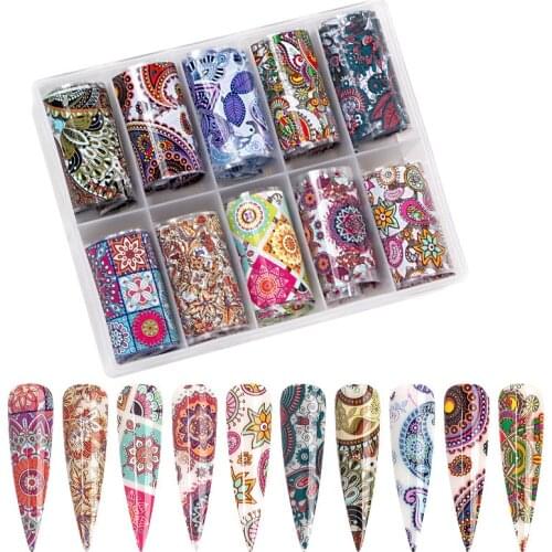 1Box 10Rolls 4*100cm Nail Transfer Foil Paper Sticker Designer Set Nail Art Decal Flowers Adhesive Tropic Starry Nail Decal