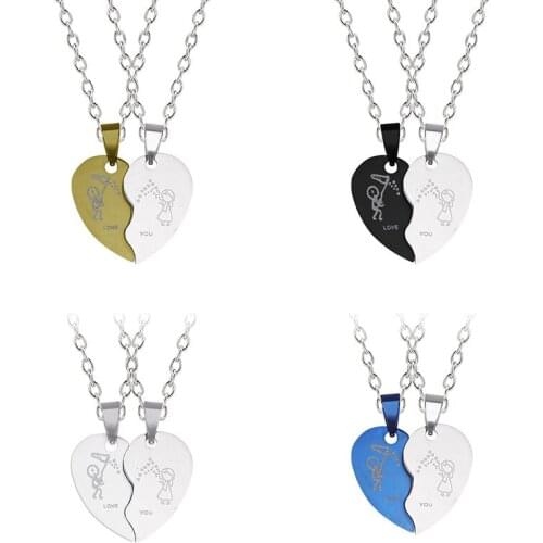 2-piece Couple Necklace Heart-shaped Stitching Pendant Stainless Steel Chain Black Leather Rope Fashion Jewelry Gift