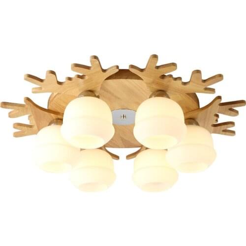 Nordic Wood Antlers Ceiling Lights for Living Room Decorate Cafe Industrial Glass Lampshade Chandeliers Bedroom Ceiling Lamp