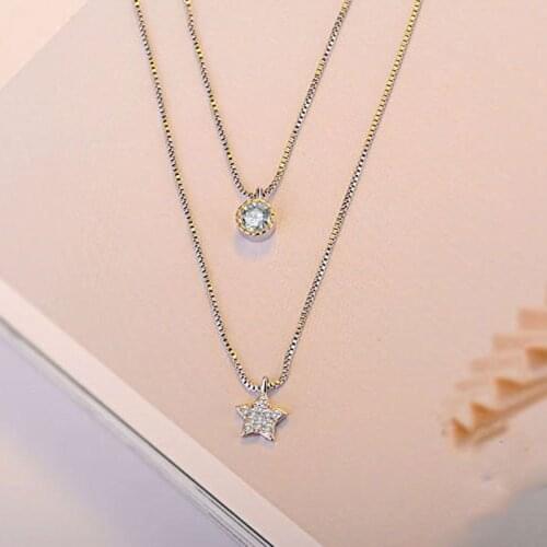 925 Sterling Silver Sparkling Moon and Star Exquisite Round Cut CZ Pendant Necklaces for Women Tales Chain Fine Jewelry Gift