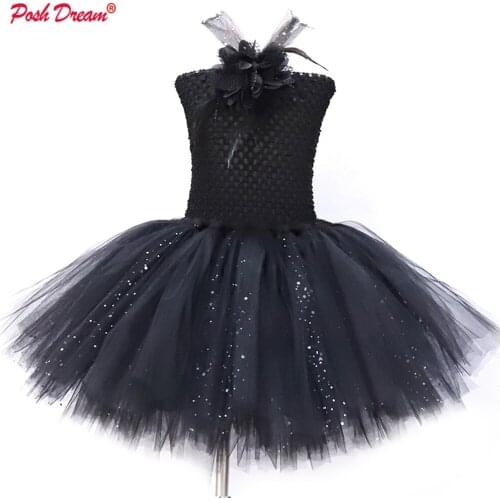 POSH DREAM Black Flower Girls Tutu Dresses for Party Sparkly Tulle Tutu Dresses with Lining Kids Girls Clothes