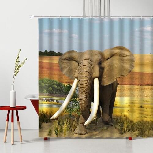 Animal Shower Curtain Elephant Africa Lion 3D Printing Washable Fabric Bathtub Partition Set With Hook Giraffe Bathroom Curtains