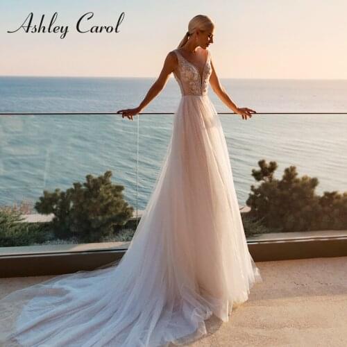 Ashley Carol Sparkling Tulle Wedding Dresses 2021 Vestido De Noiva Sexy V-neckine Sleeveless Beach Bride A-Line Bridal Gowns