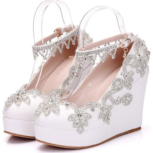 Shoes Woman Pumps wedding Party banquet PU Rhinestones Buckle Strap 10.8CM Wedges High Heels Round Toe women shoes size 35-42