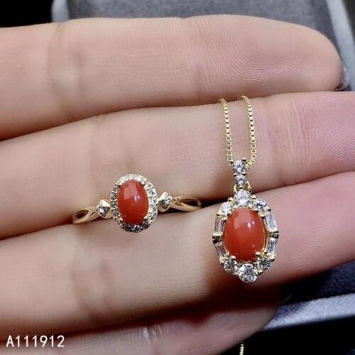 KJJEAXCMY fine jewelry natural red coral 925 sterling silver women pendant necklace chain ring set support test beautiful