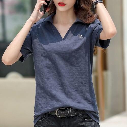Womens T-shirt 100% Cotton T-shirt Women Short-sleeved Loose Embroidered Shirts POLO Collar Half-sleeved Shirts 2021 Summer New