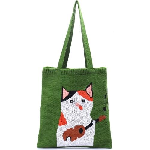 Women Japanese Style Kawaii Knitting Wool Tote Bag Teenager Winter Fashion Cute Cat Pattern Crochet Shopping Top-handle Handbag