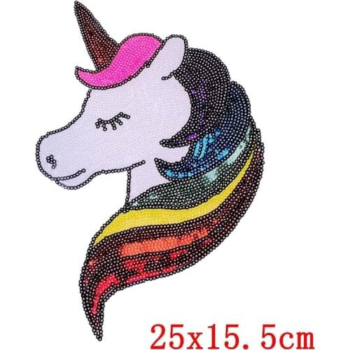 Prajna Unicorn Sequin Patch Cartoon Iron On Patches Horse Patch Cute Embroidered Patches For Clothes Stripe Badges Washable DIY