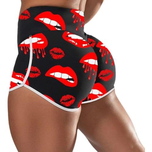 Womens Workout Shorts Red Lips Printed Booty Gym Short Pants High Waist Butt Lifting Sports Short Bottoms