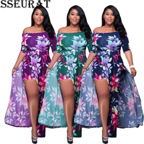 SSEURAT Plus Size Women Long Dress Print Off Shoulder Short Sleeve Fit and Flare Splited Maxi Dresses Sexy Fashion Vestidos
