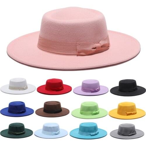 2021 winter fedora hats for women fashion Flat wide Brim Wool Felt Jazz Fedora Hats for men goth Flat top bow cap