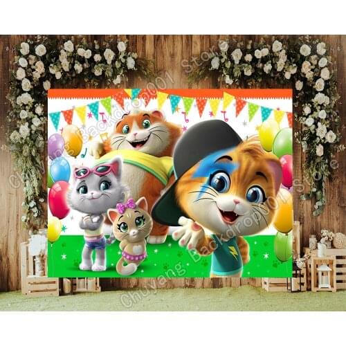 44 Cats Cartoon Photography Backdrops Balloon Ribbon Childrens Birthday Custom Background Vinyl Party Banner Photo Booth Prop