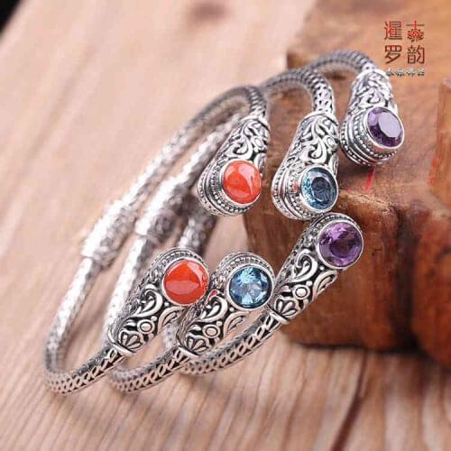 Ancient S925 Thai silver handmade Indonesian style inlaid natural topa heather agate open bracelet