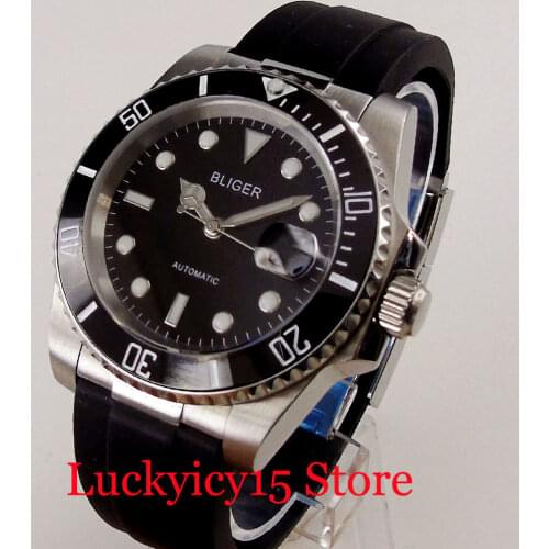 BLIGER Brand NH35A Selfwinding Men Wacth NH35A MIYOTA 8215 Movement Steel Solid End Rubber Strap Date Sapphire Crystal