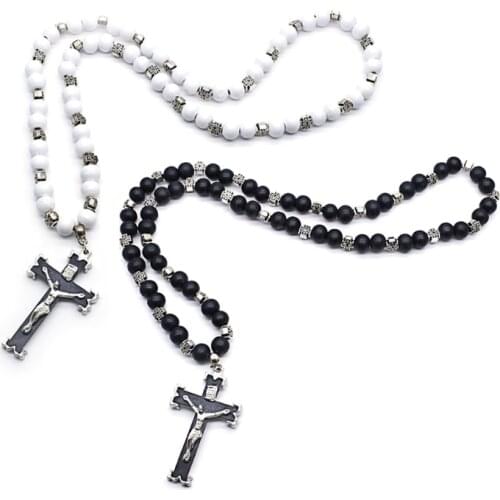 HX5F Rosary Necklace Jesus Christ Cross Pendant Necklaces Alloy Bead Long Chain Unisex Christian Fashion Jewelry