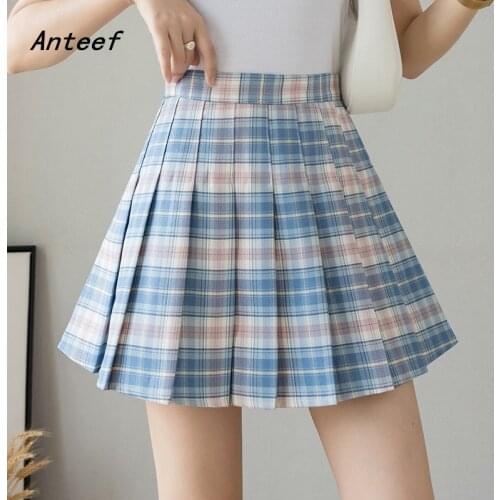 Korean fashion vintage pleated plaid high waist summer casual loose for woman mini skirts womens 2021 skirt clothes