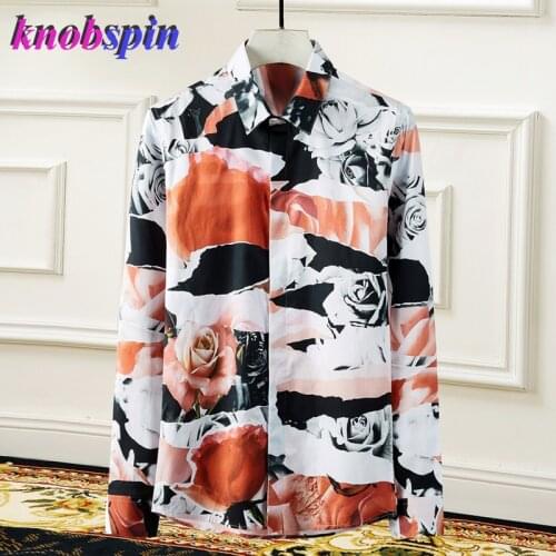 Fashion Flower Print Shirt men Long sleeve Slim Casual Chemise homme Brand quality Business male Cotton Shirts Plus size M-4XL