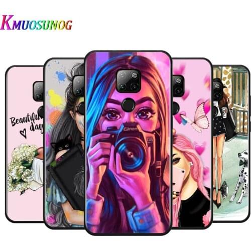 Fashion Female Girl For Huawei Mate 10 20 20X(5G) 30 40 40RS Nova5i PRO Lite Plus Black Soft Phone Case