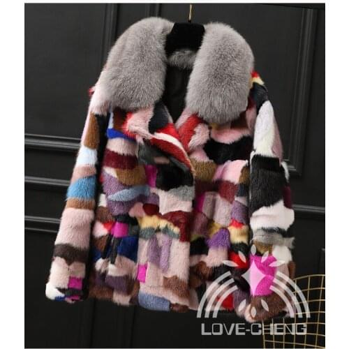 New Womens Fashion New Natural real genuine Mink Fur coat with fox fur collar multi-color colorfull jacket English collar