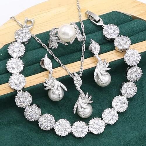 Charming White Pearl 925 Silver Jewelry set for Women Zircon Bracelet Earrings Necklace pendant Ring