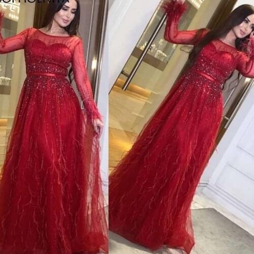 2020 Luxury Dubai Design Gold Evening Dresses Long Sleeves Feathers Beading Crystal Formal Dress LE4016