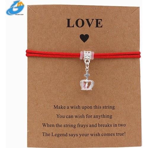 Pink Crown Charm Bracelet Friendship Inspirational Gift Red Thread Adjustable Wish Bracelets Women Men Kids Jewelry Rope Chain