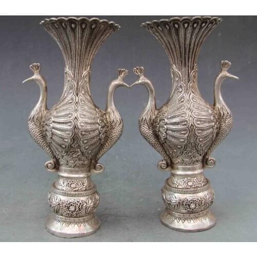 Garden Tibetan silver Pure White Copper 10 Folk Classical Copper Silver double bird Zun Cup Bottle Pot Vase Pairroom