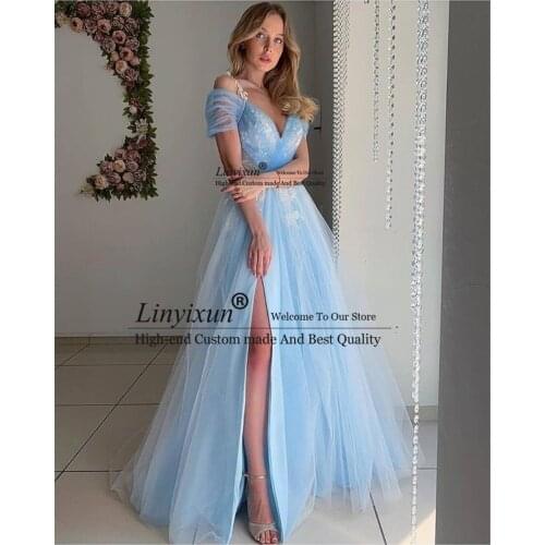 Sexy Off the Shoulder Prom Dress Long Tulle Lace Applique Light Sky Blue Evening Party Gowns Side Slit Elegant Vestido de fiesta
