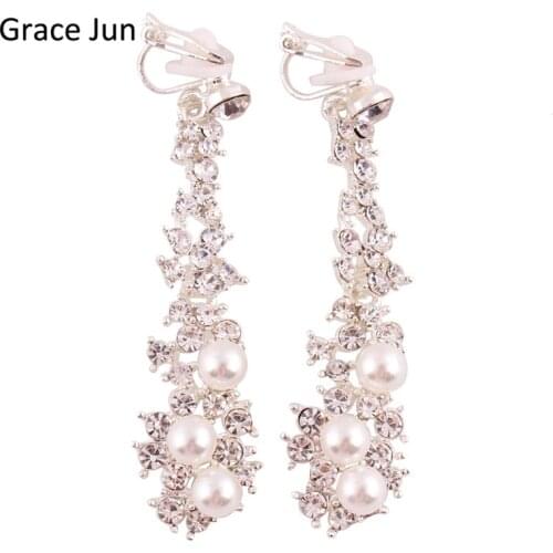Grace Jun High Quality Long Rhinestone Simulated Pearl Clip on Earrings Without Piercing for Women Party Weddng Luxury Ear Clip