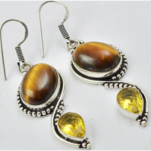 Tiger Eye & Citrines , Silver Overlay on Copper Earrings, 65 mm , E2798
