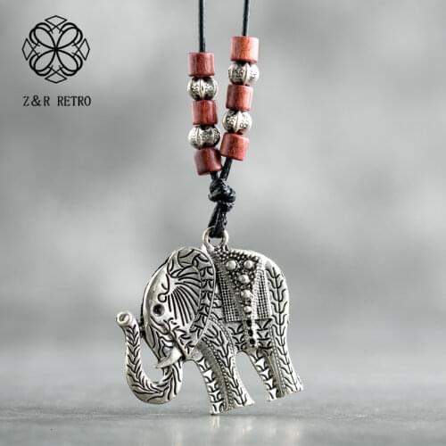 Vintage Silver Color Elephant Pendants Long Necklace for Womens Jewelry Black Rope Long Chain Choker Suspension Jewellery Alloy