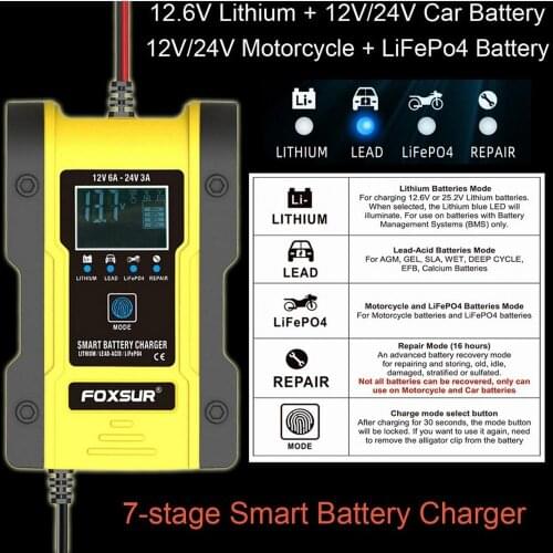 FOXSUR 12V 24V 6A car battery charger pulse repair 7-stage charger for GEL WET AGM 12.6V Lithium LiFePO4 LiPo Battery