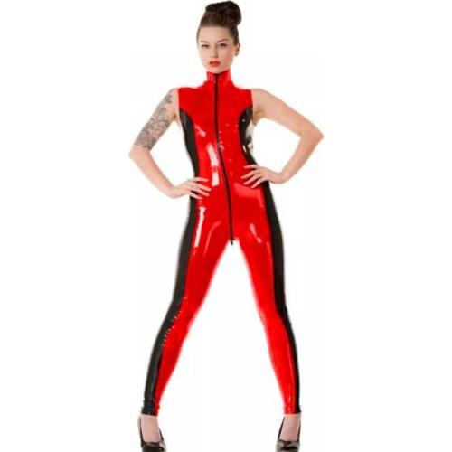 Plus Size Women Jumpsuits Patchwork Skinny Sleeveless Latex Catsuit Zipper To Crotch Sexy PVC Leather Overalls for Women