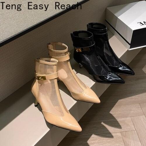 Metal decoration Women Summer Boots Back Zipper Pointed Toe High Heels Pumps Female Sexy Pointed Toe Party Ankle Boots black